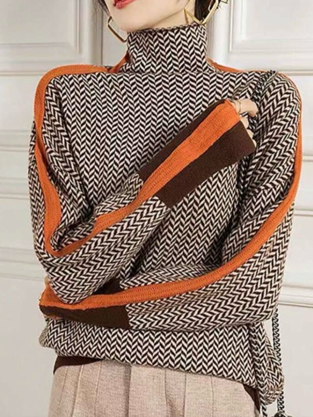 Turtleneck Herringbone Knit Sweater in Brown & Orange